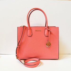 Michael Kors Mercer Large Satchel Shoulder Leather Bag Grapefruit Pink